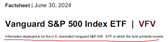 Excerpt from the VFV factsheet dated June 30, 2024, noting that VFV primarily invests in the U.S.-domiciled Vanguard S&P 500 ETF.