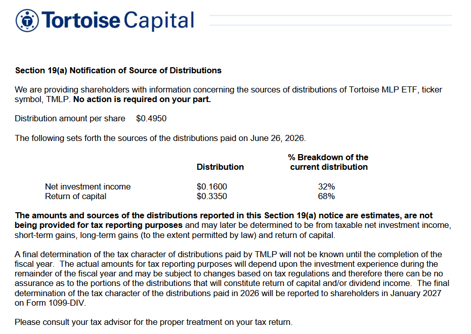 Tortoise Capital Section 19(a) notice for TMLP showing a June 26, 2026 distribution of $0.4950 per share, with 32% net investment income and 68% return of capital.