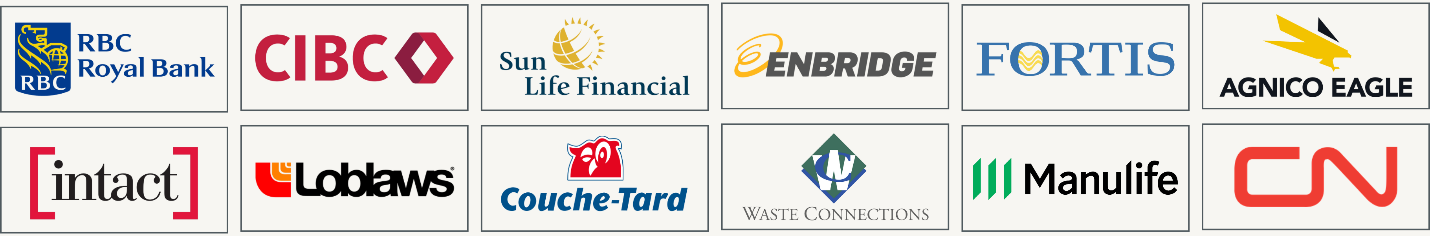 Logos of Canadian dividend champion companies including Royal Bank of Canada, TD, Enbridge, Fortis, Manulife, and other Canadian blue-chip stocks.