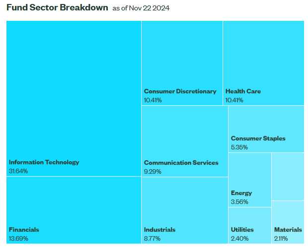 Treemap representation of fund sector breakdown as of November 22, 2024, showing major allocations to Information Technology (31.64%), Financials (13.69%), Consumer Discretionary (10.41%), and Healthcare (10.41%).