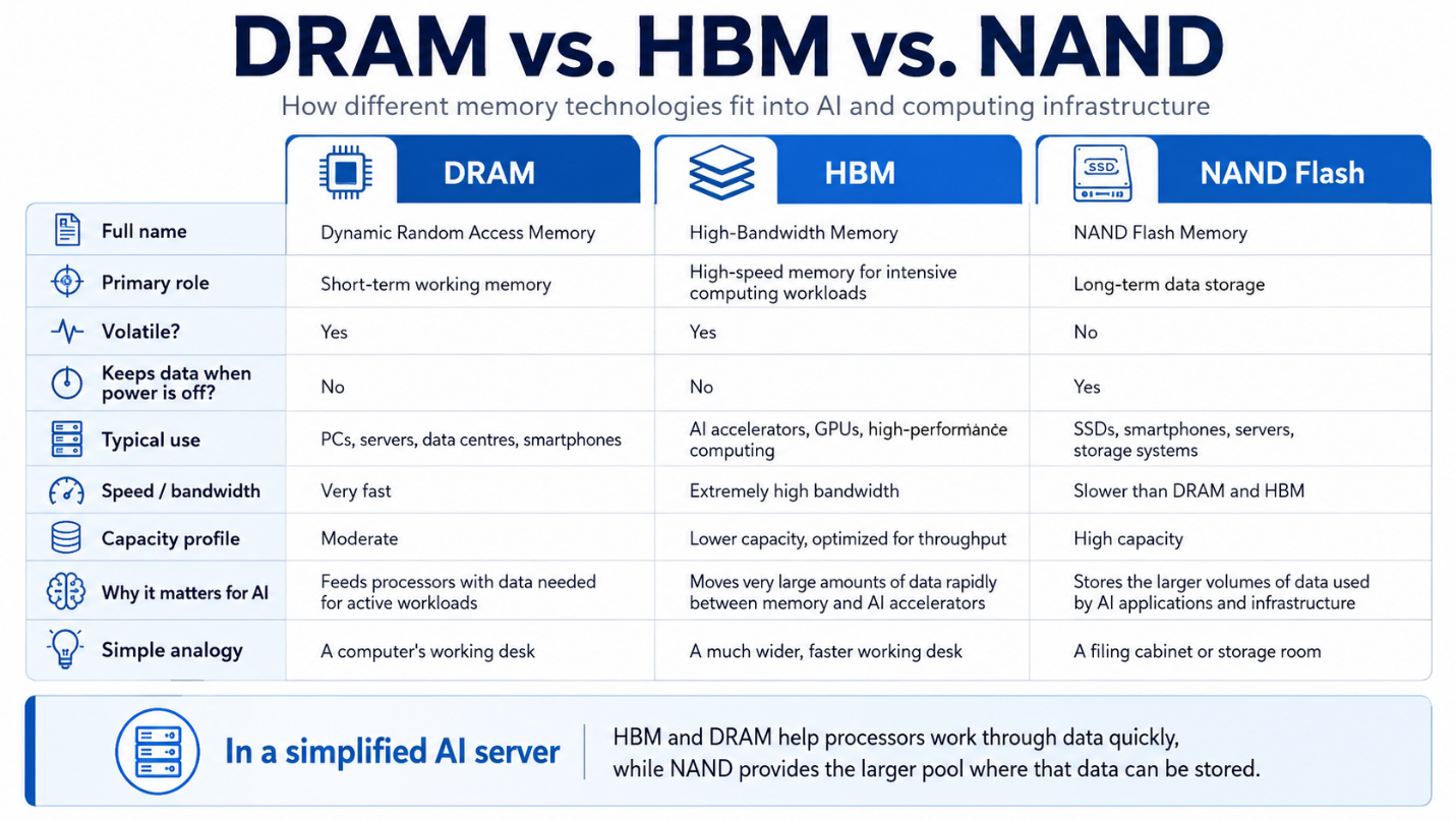 Comparison table titled “DRAM vs. HBM vs. NAND” showing each memory type’s full name, primary role, volatility, power-off data retention, typical use, speed, capacity, and role in AI; it explains that DRAM and HBM provide fast working memory while NAND provides persistent storage.