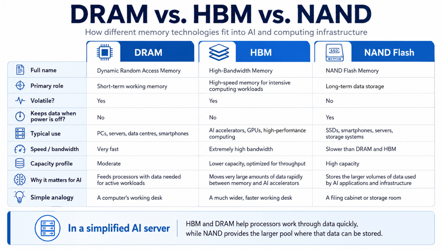 Comparison table titled “DRAM vs. HBM vs. NAND” showing each memory type’s full name, primary role, volatility, power-off data retention, typical use, speed, capacity, and role in AI; it explains that DRAM and HBM provide fast working memory while NAND provides persistent storage.