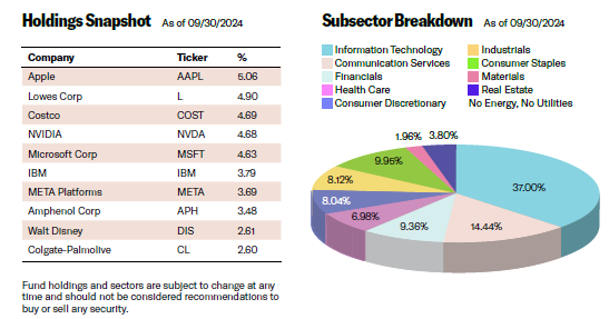 Holdings snapshot and subsector breakdown as of September 30, 2024. Top holdings include Apple (5.06%), Lowe’s (4.90%), and Costco (4.69%). Subsector breakdown led by Information Technology (37.00%) and Communication Services (14.44%).