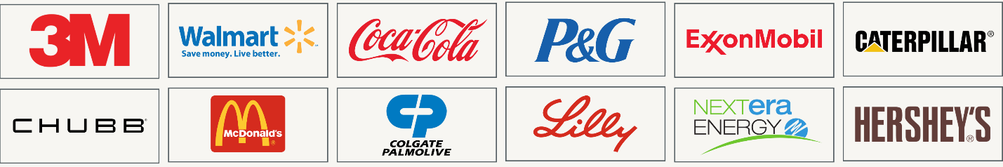 Logos of U.S. dividend champion companies including 3M, Walmart, Coca-Cola, Procter & Gamble, Exxon Mobil, and other blue-chip firms.