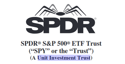 SPDR S&P 500 ETF Trust logo and description, identifying SPY as a Unit Investment Trust that tracks the S&P 500 Index.