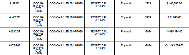 Holdings table showing QQQ equity call option positions used by the JPMorgan Nasdaq Equity Premium Yield ETF (ROCQ), including option expiration dates, share amounts, and market values.