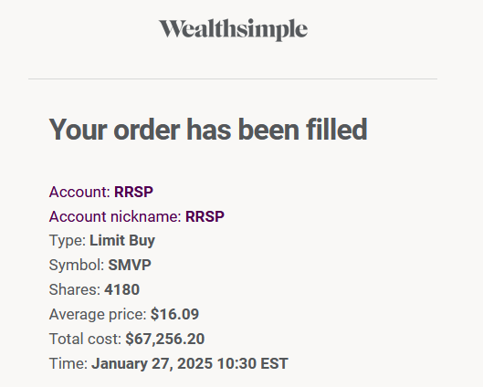 Wealthsimple order confirmation for purchasing 4180 shares of SMVP at an average price of $16.09, totaling $67,256.20, dated January 27, 2025.