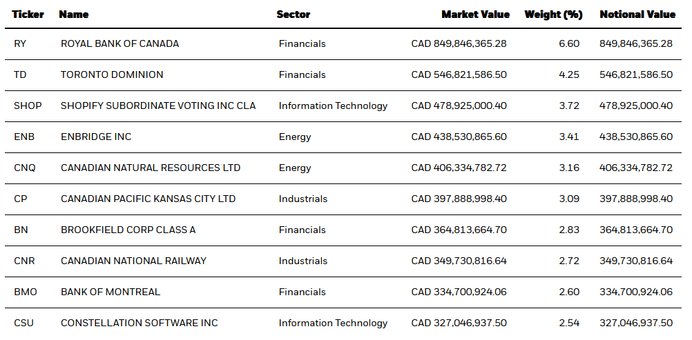Table showing top companies in a portfolio with their ticker, name, sector, market value, weight, and notional value; Royal Bank of Canada and Toronto Dominion are the top holdings