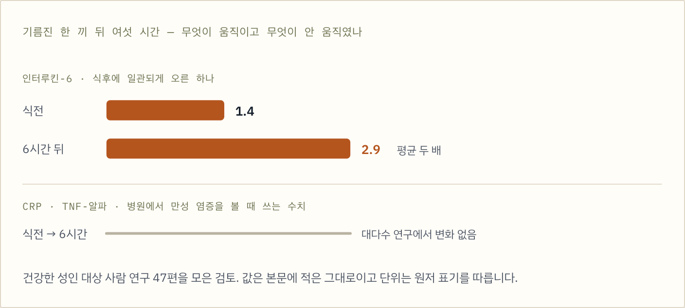 기름진 한 끼 뒤 여섯 시간 — 인터루킨-6는 식전 1.4에서 여섯 시간 뒤 2.9로 평균 두 배가 됐고, CRP와 TNF-알파는 대다수 연구에서 변화가 없었습니다.