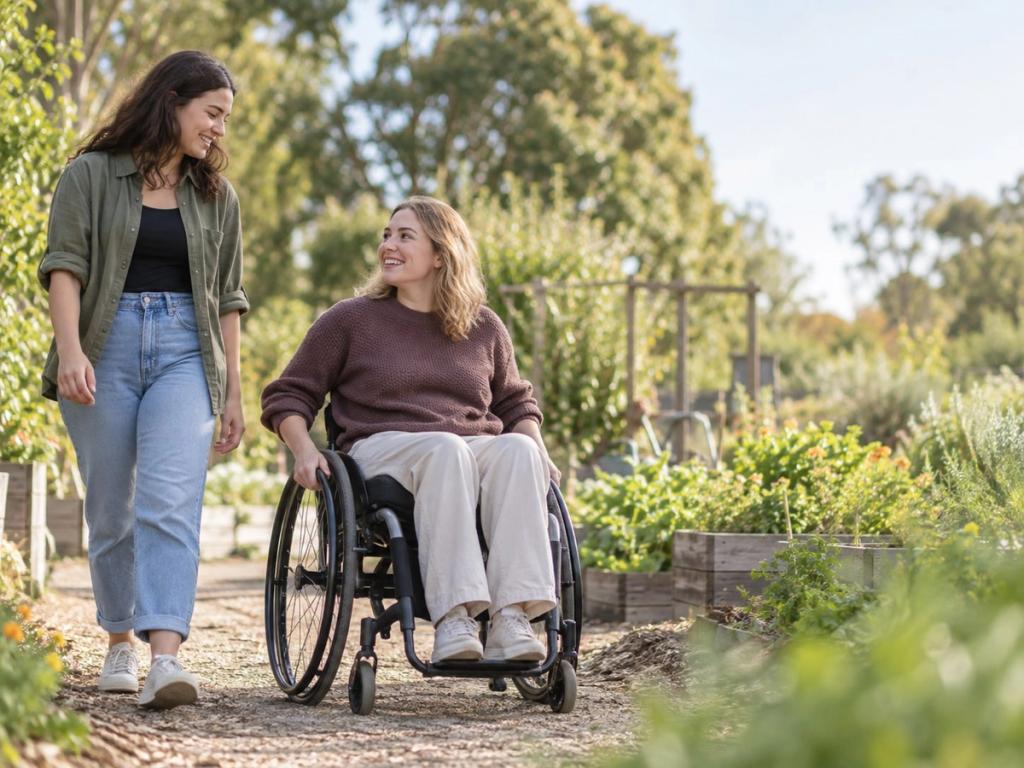 A young woman using a wheelchair and a companion in relaxed conversation in a sunny garden