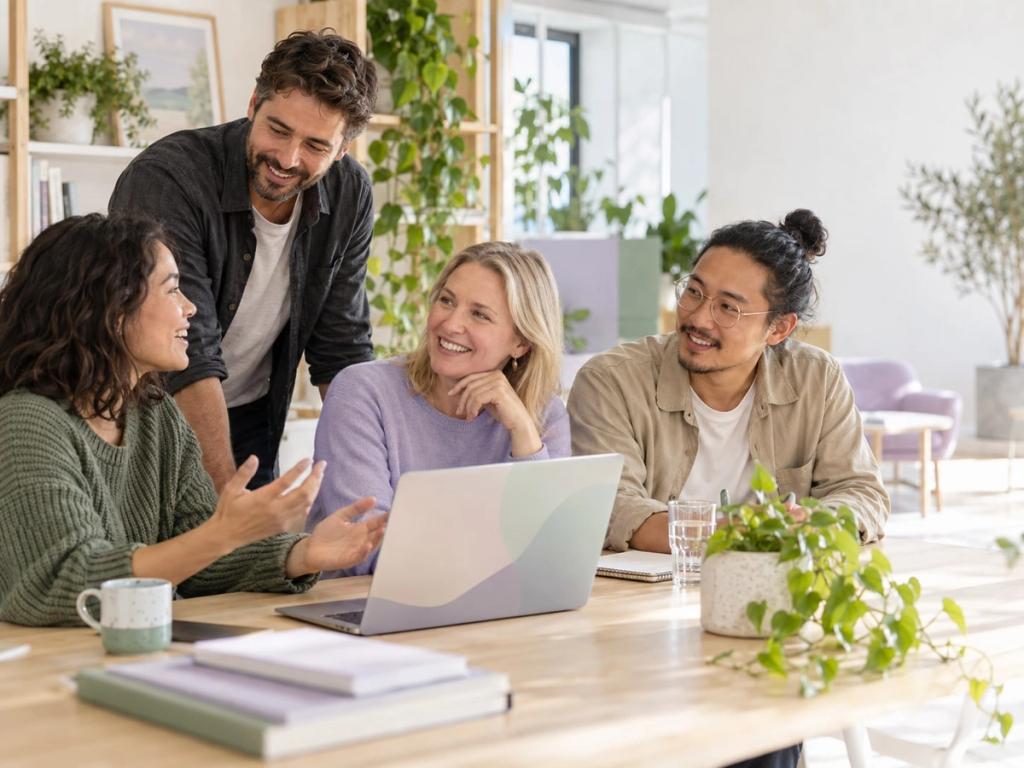 A friendly, diverse team relaxed together around a table