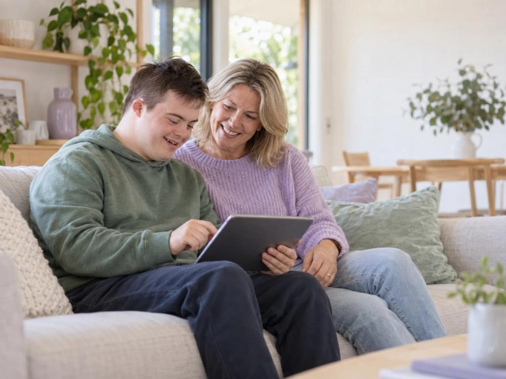 A young man with Down syndrome and his mother relaxing together at home