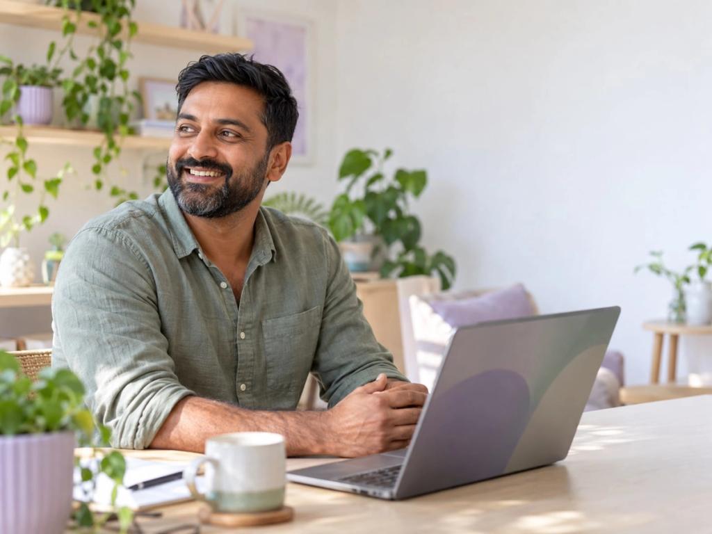 A friendly provider business owner smiling at his desk with a laptop