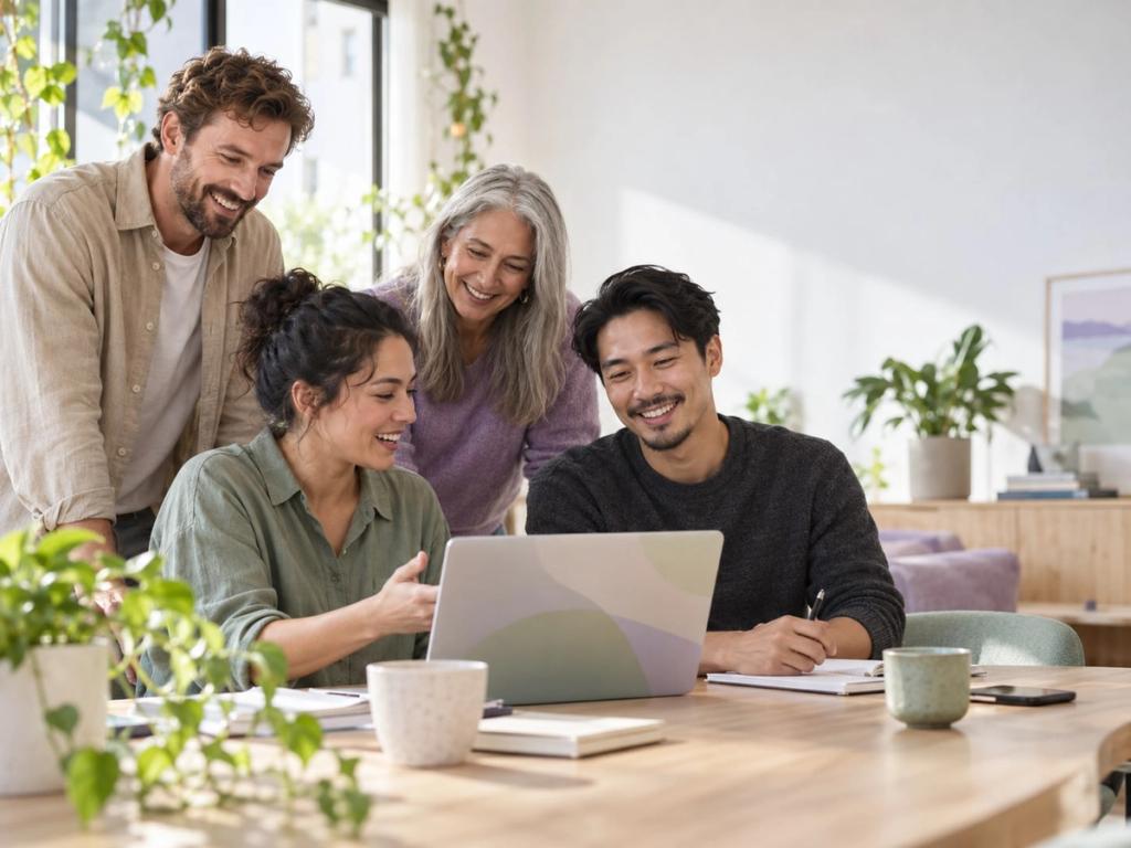 A small, diverse team collaborating around a laptop