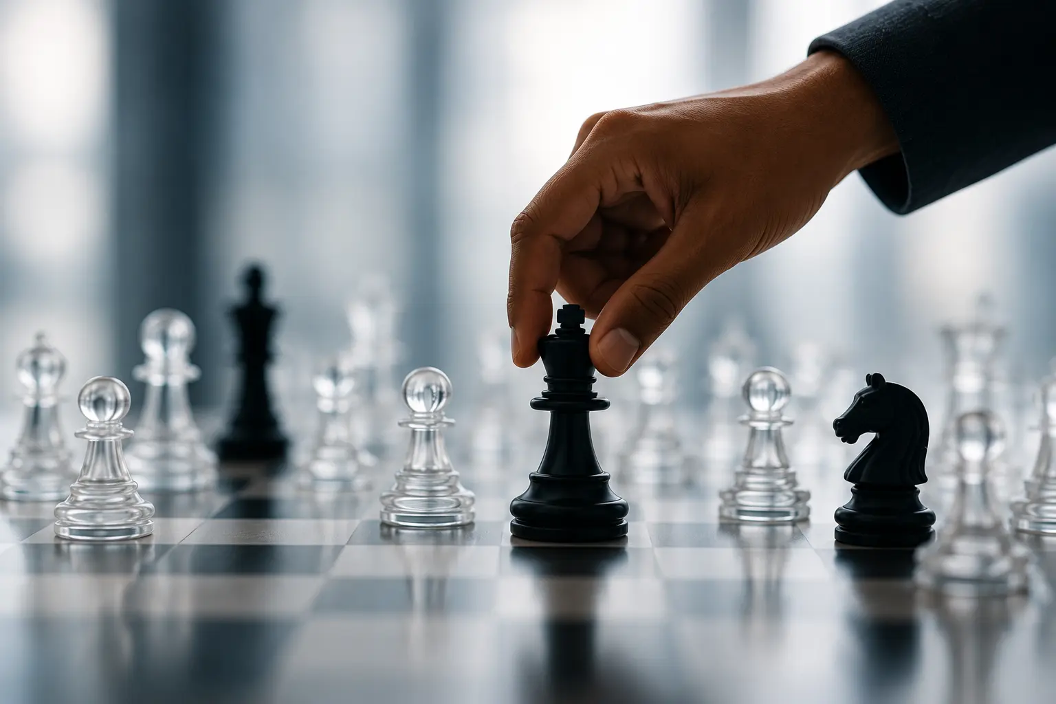 a chessboard with half plain half full, communicating that work needs judgement now