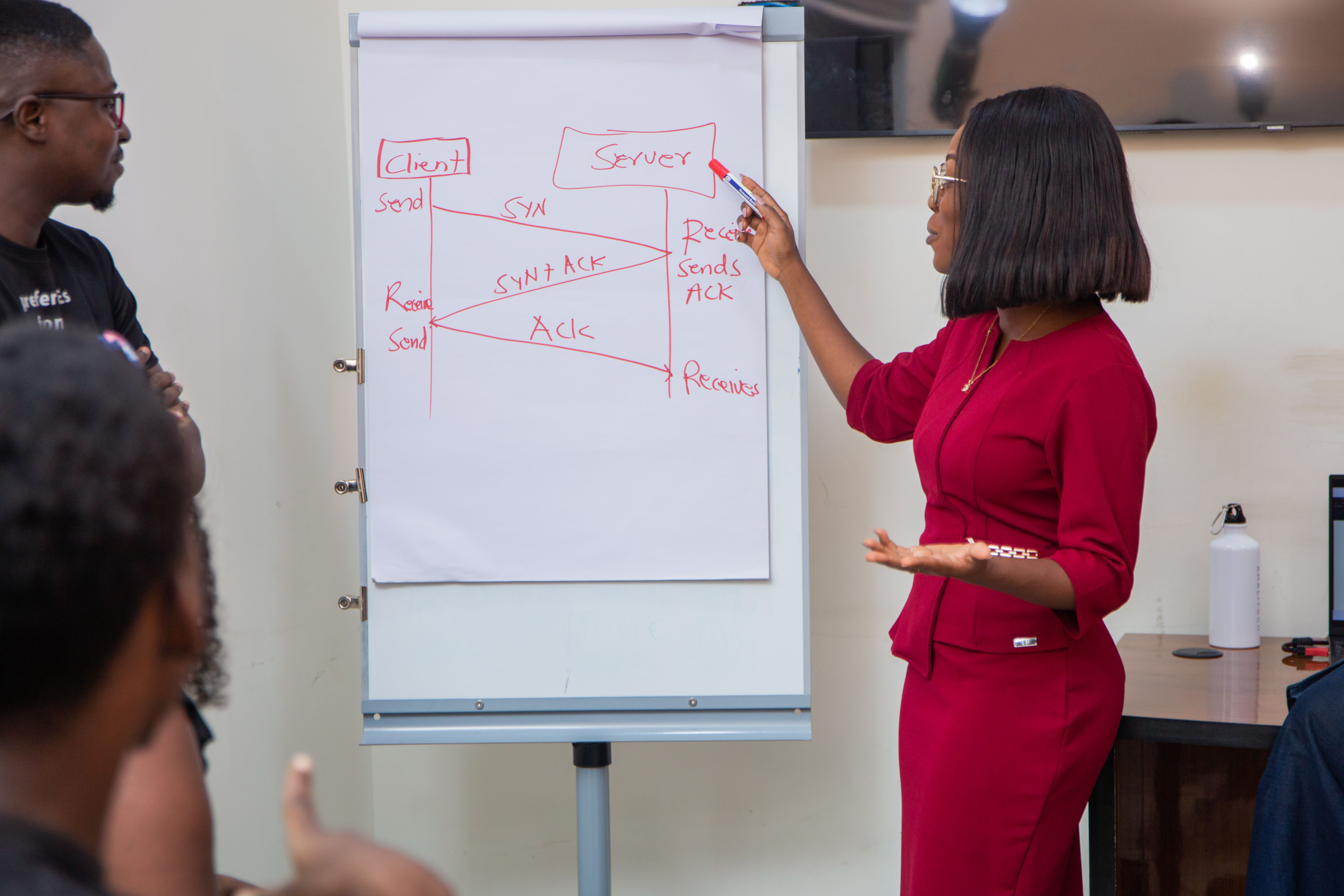 a young lady presenting on the white board to other people