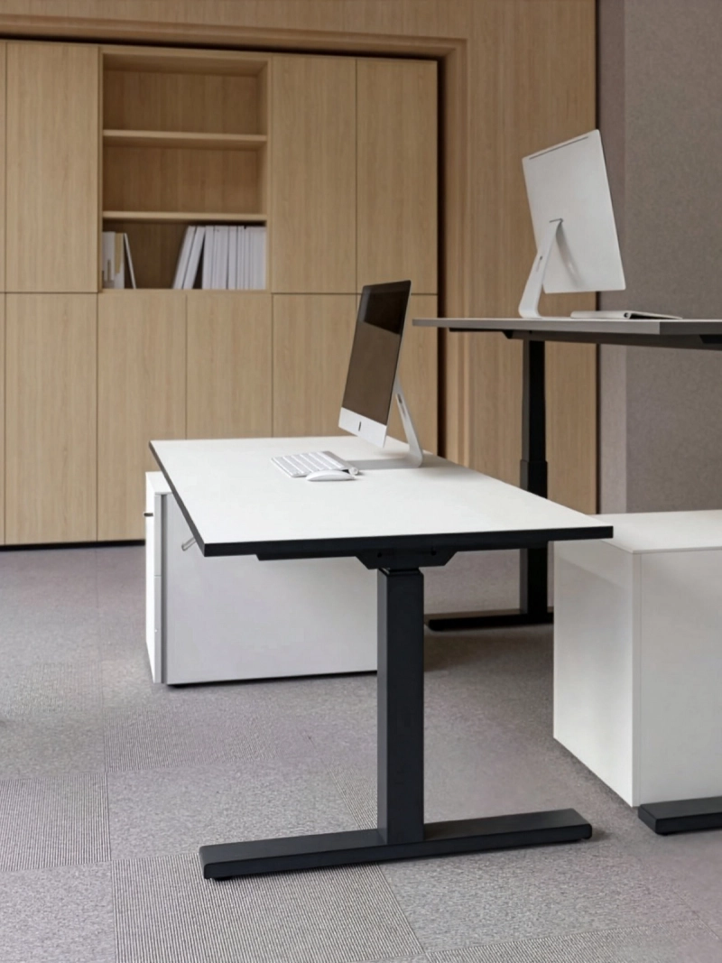 Seitenansicht des höhenverstellbaren 25-table Q von Klain mit stabilem Gestell, hochwertiger Tischplatte und modernem Design vor einem Büro mit eleganten Holzfronten.