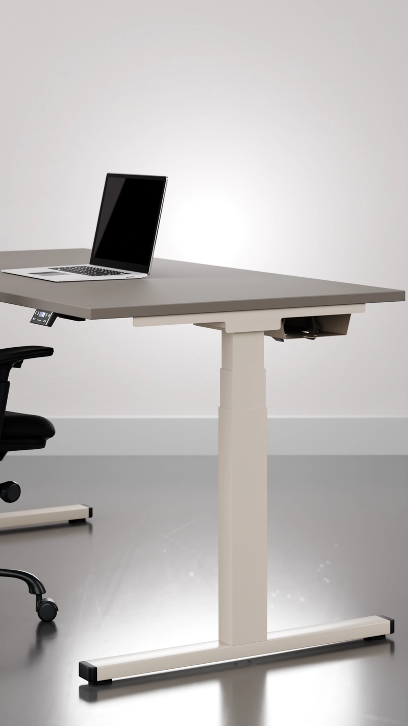 Seitenansicht eines 25-table P mit graubrauner Platte und steingrauem Gestell.