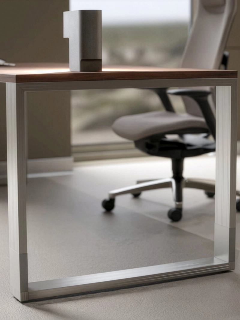 Detailansicht des rechteckigen Aluminium-Tischbeins eines Quandosschreibtisches mit hochwertiger Verarbeitung, stabiler Konstruktion und elegantem Design im modernen minimalistischen Einzelbüro.