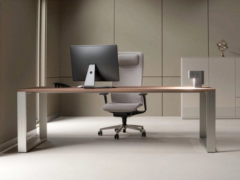Quandosschreibtisch in Frontalansicht mit elegantem Aluminiumgestell und hochwertiger Tischplatte in einem minimalistischen Einzelbüro mit beige-farbener Einrichtung und moderner Gestaltung.