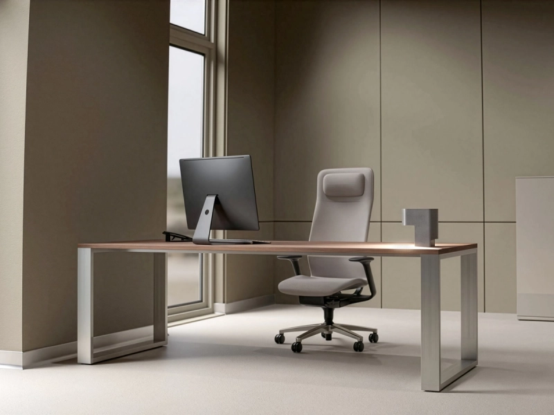Quandosschreibtisch in leicht schräger Ansicht mit rechteckigem Aluminiumgestell, hochwertiger Tischplatte und elegantem Design in einem minimalistischen Einzelbüro mit beige-farbener Einrichtung.