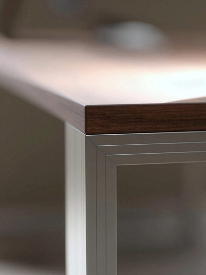 Detailansicht der Tischkante eines Quandosschreibtisches mit präziser Verarbeitung, hochwertiger Tischplatte und elegantem Design in einem minimalistischen Einzelbüro mit warmen Beigetönen.
