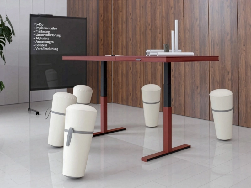Der 848-Table von Klain in Granatrot überzeugt als höhenverstellbarer Besprechungstisch für moderne Arbeitswelten. Auf Stehhöhe eingestellt und kombiniert mit Stehhockern schafft er ideale Voraussetzungen für dynamische Teammeetings, kreative Zusammenarbeit und einen aktiven Austausch.