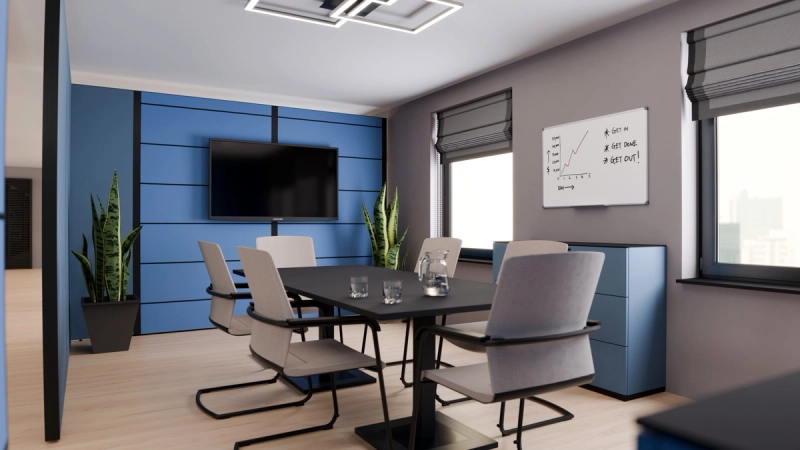 Multiwa-Wand in baltic mit wandbündig montiertem Bildschirm im Besprechungsraum, davor Besprechungstisch und Sideboard