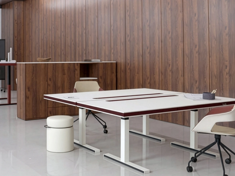 Zwei gegenüberstehende 848-Table Schreibtische von Klain mit weißer Abdeckplatte, granatroten Akzenten und gleicher Arbeitshöhe als moderner Doppelarbeitsplatz im Büro.