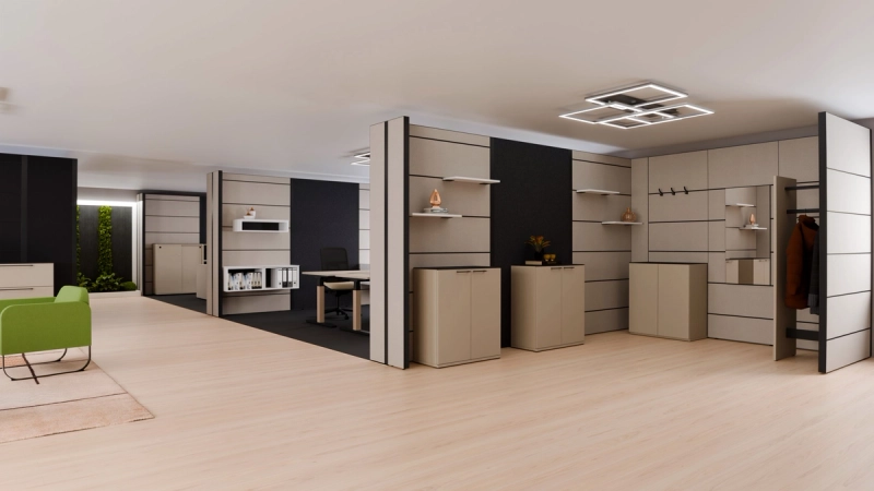 Mehrere Multiwa-Wandelemente mit Arbeitsplatz, Stauraumzeile und Garderobe