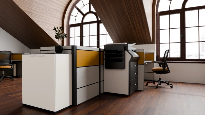 Multiwa-Wandelemente bilden eine Nische für einen Multifunktionsdrucker zwischen zwei Arbeitsplatzgruppen