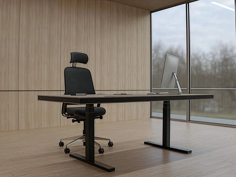 848-Table von Klain mit beiger Tischplatte, schwarz lackiertem Gestell, integrierter Schublade und Modulbridge für den direkten Zugang zum Kabelkanal in einem modernen minimalistischen Büro.