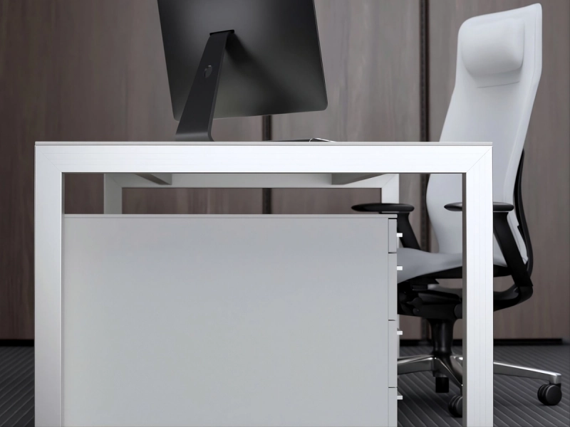 Seitliche Detailansicht eines modernen Solusschreibtisches mit klaren Linien, hochwertiger Verarbeitung und minimalistischem Design.