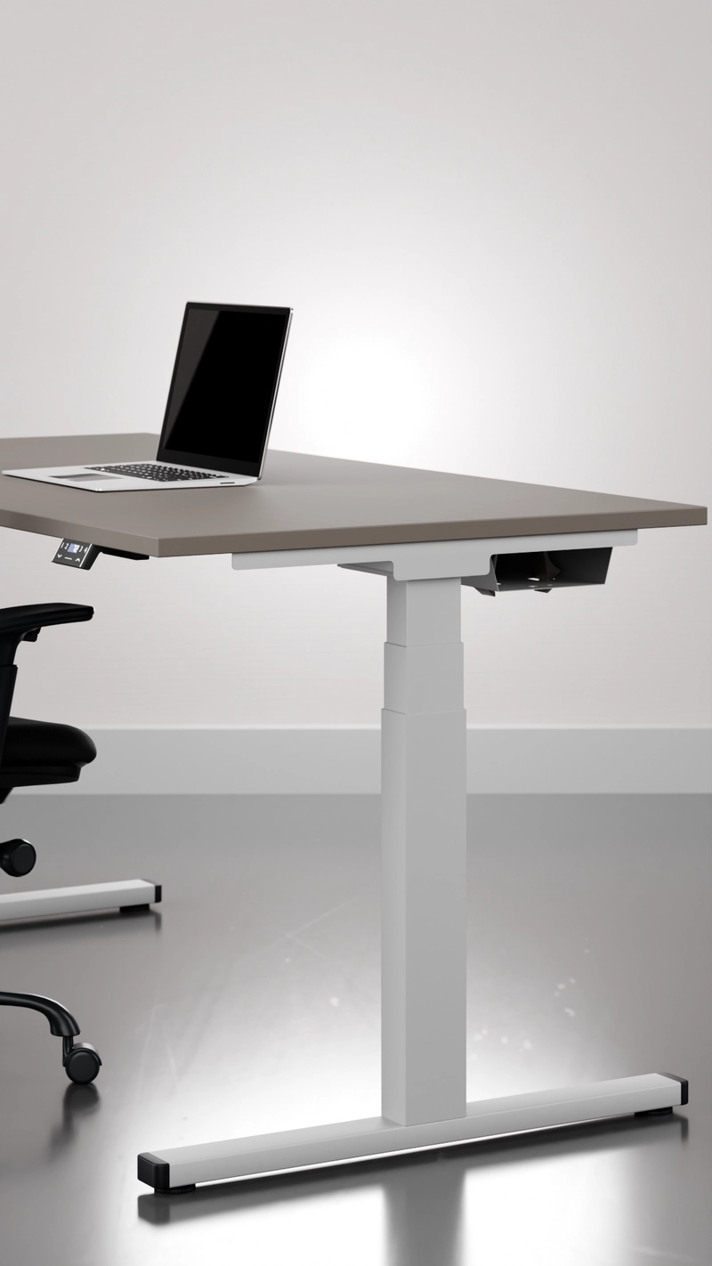 Seitenansicht eines 25-table P mit graubrauner Platte und silbernem Gestell mit schwarzen Endkappen am Ausleger.
