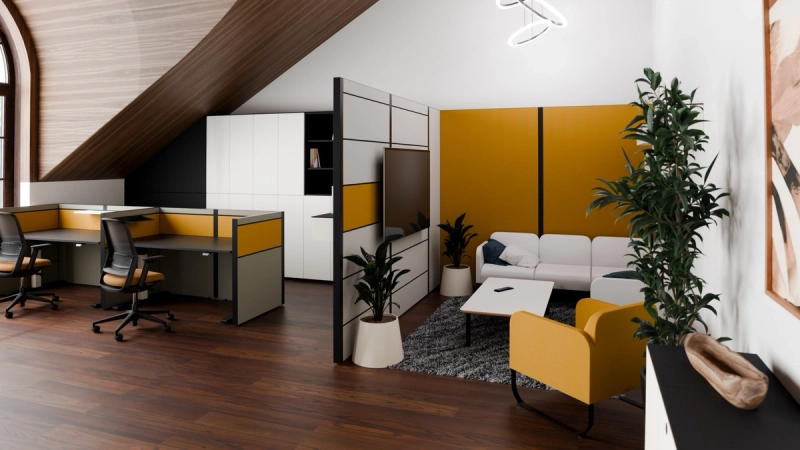 Zwei Multiwa-Wandelemente fassen eine Loungezone ein, davor Arbeitsplätze mit Tischaufsätzen