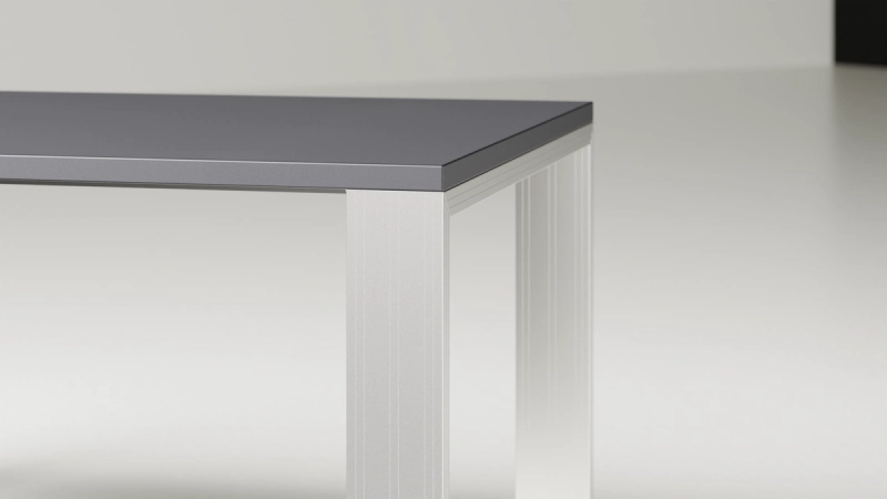 Detailaufnahme der Tischecke mit anthrazitfarbener Platte und eloxiertem Aluminiumrahmen vor hellem Hintergrund.