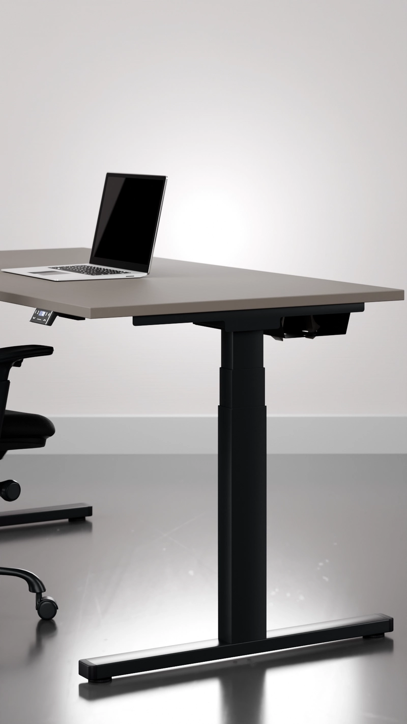 Seitenansicht eines 25-table P mit graubrauner Platte und schwarzem Gestell mit Teleskopsäule.