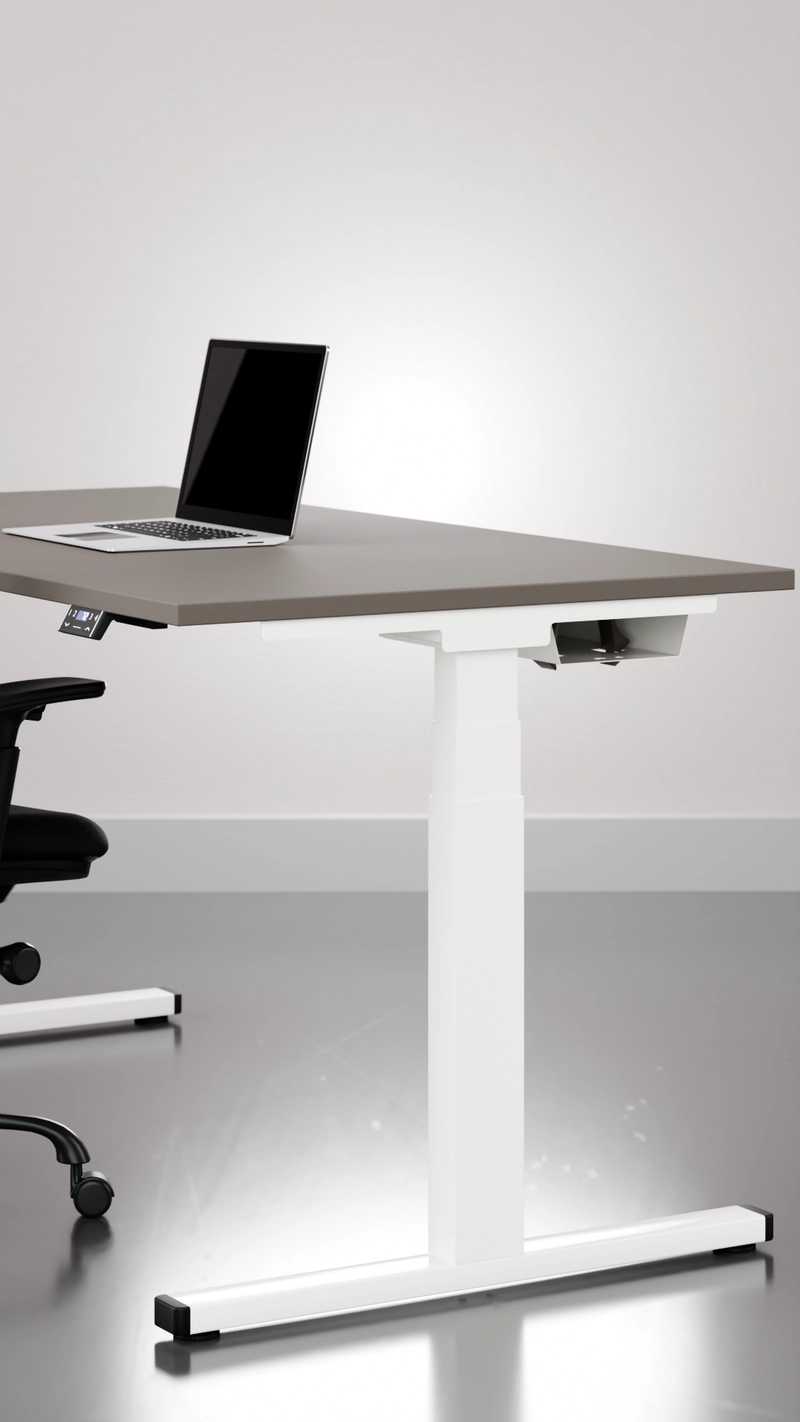Seitenansicht eines 25-table P mit graubrauner Platte und weißem Gestell mit schwarzen Endkappen.