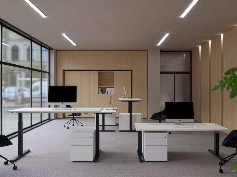 Ambienteaufnahme eines modernen Büros mit mehreren Arbeitsplätzen, ausgestattet mit dem höhenverstellbaren 25-table Q von Klain. Die unterschiedlichen Tischhöhen zeigen die ergonomische Flexibilität, das klare Design und die hochwertige Verarbeitung der Schreibtische in einer modernen Arbeitsumgebung.