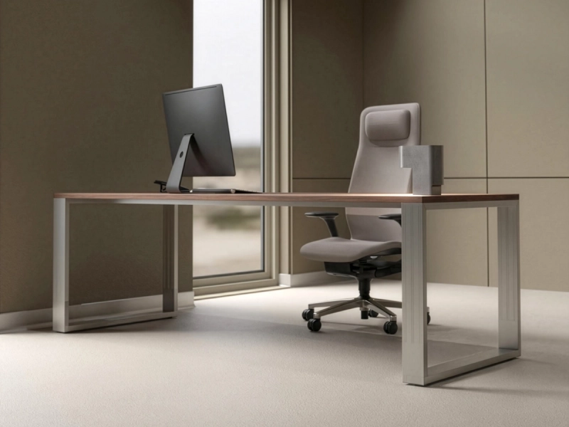 Quandosschreibtisch in schräger Frontansicht mit elegantem Aluminiumgestell, hochwertiger Tischplatte und klarer Designsprache in einem minimalistischen Einzelbüro mit beige-farbener Einrichtung.