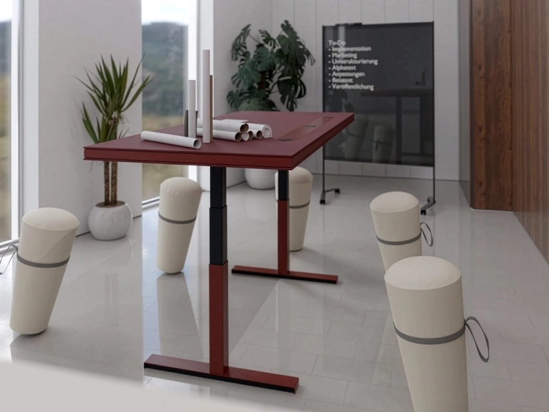 848-Table von Klain in Granatrot als höhenverstellbarer Meetingtisch mit Stehhockern in einer modernen Besprechungsumgebung für agile Teamarbeit.