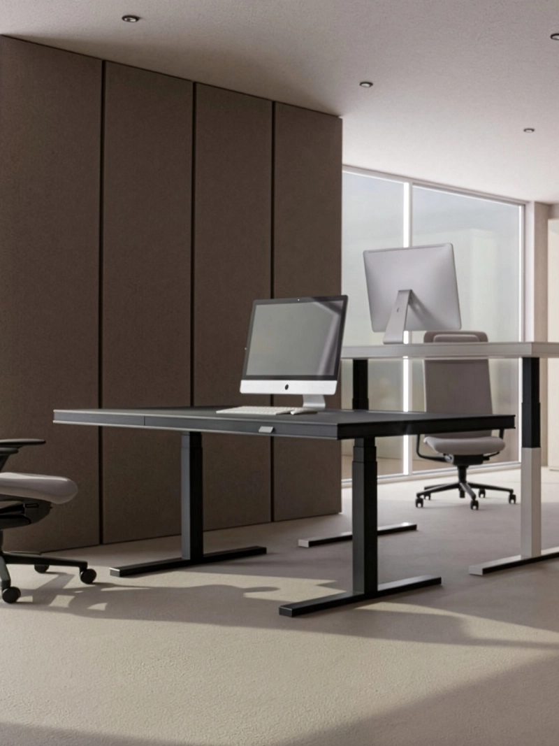 Zwei 848-Table von Klain gegenüberstehend im Büro, ein Schreibtisch in Schwarz und einer in Weiß, mit modernem Design und ergonomischer Höhenverstellung.  Bildbeschreibung