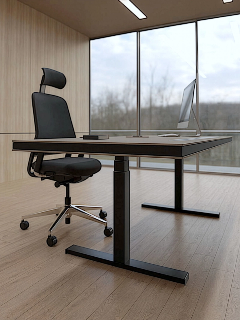 848-Table von Klain mit integrierter Schublade, teilweise in die Tischplatte integriertem Kabelkanal und Modulbridge für den direkten Zugang zum Kabelmanagement.