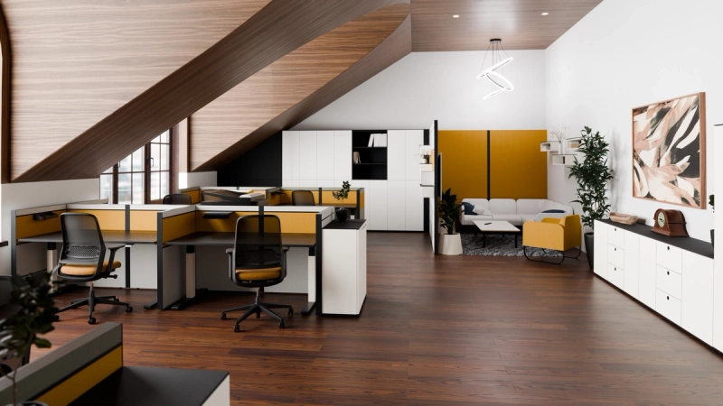 Übersicht eines Büros mit Arbeitsplätzen, Schrankwand und farbiger Multiwa-Wand als Abgrenzung zur Lounge