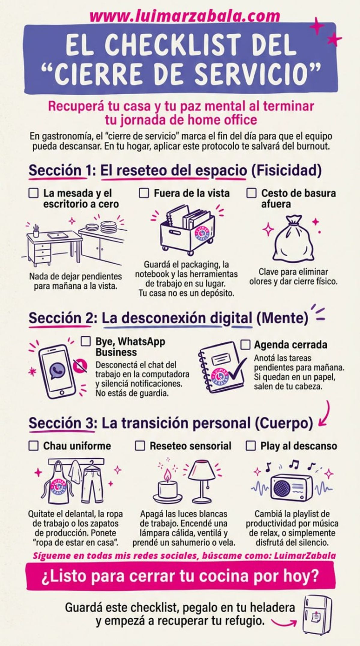 Checklist del cierre de servicio de Luimar Zabala: ordenar el espacio, desconexión digital y transición al descanso.