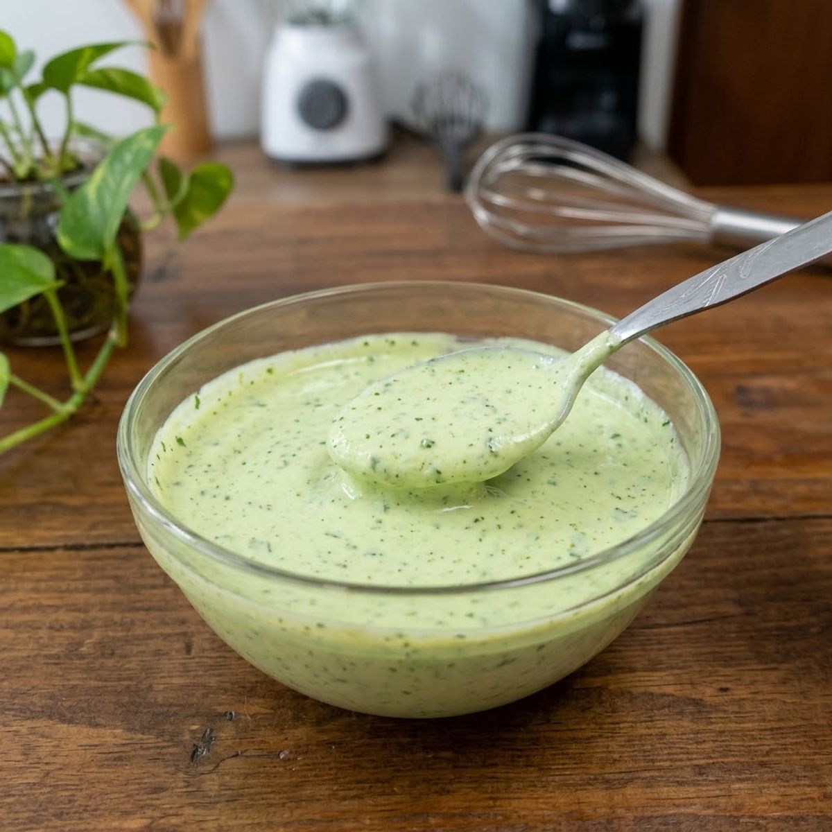 Salsa de ajo venezolana cremosa de color verde en un bol de vidrio con una cuchara