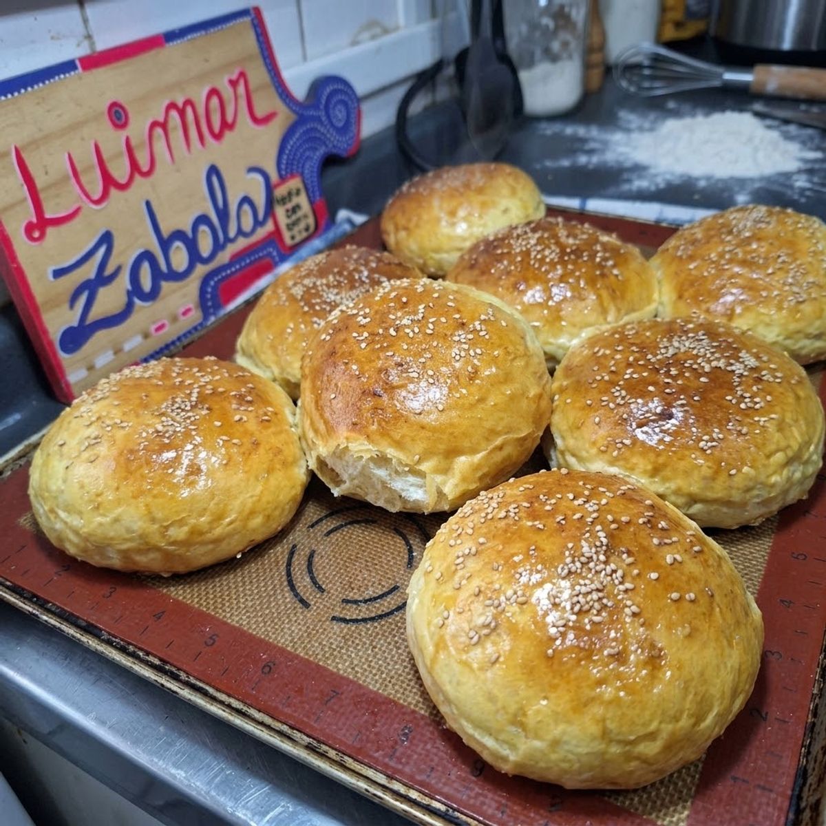 Pan de hamburguesa artesanal con semillas de sésamo recién horneado en una bandeja