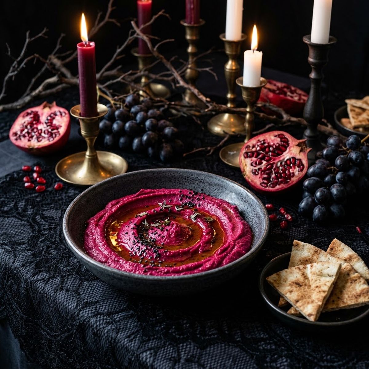 Hummus de remolacha en un bowl oscuro, con granadas, uvas negras, pan pita y velas.