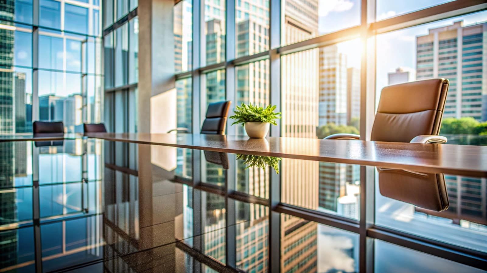 A boardroom overlooking office towers