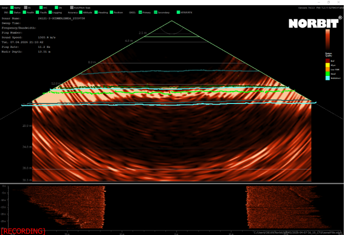 Real-time display showing detections of the water-fluid mud interface, while low-frequency band detections identify the deeper bottom return, showing both detection layers simultaneously. 
